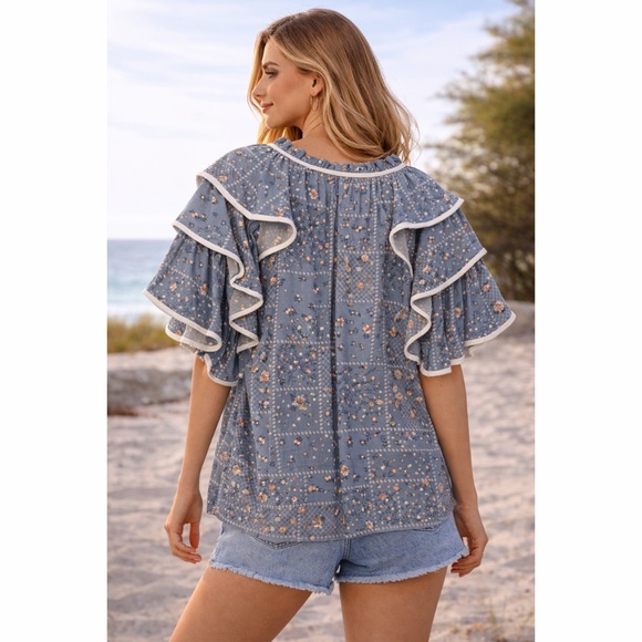 Blue & White Floral Multi Ruffle V Neck Tassel Top - Picture 2 of 3